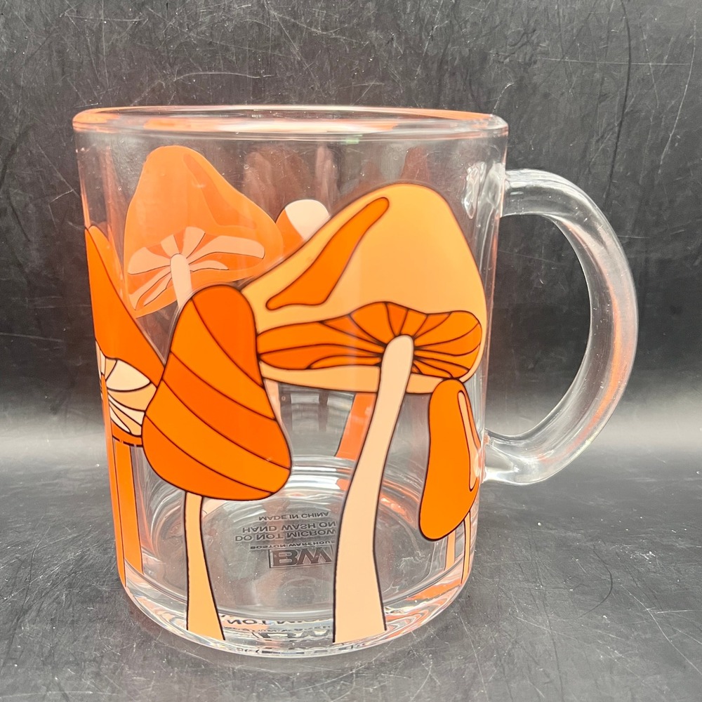 Boston Warehouse Orange Mushroom Clear Glass‎ Coffee Mug Retro Boho 16 oz Groovy